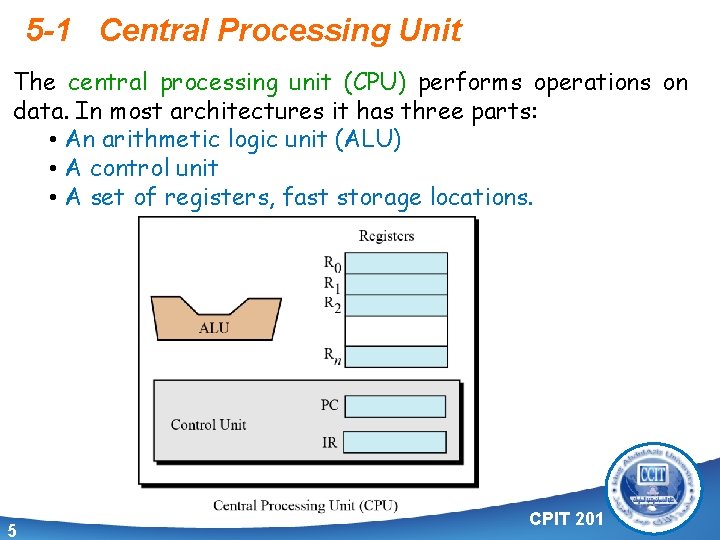 5 -1 Central Processing Unit The central processing unit (CPU) performs operations on data.