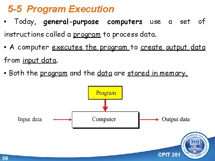 5 -5 Program Execution • Today, general-purpose computers use a set of instructions called