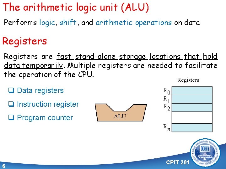 The arithmetic logic unit (ALU) Performs logic, shift, and arithmetic operations on data Registers