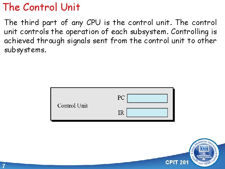 The Control Unit The third part of any CPU is the control unit. The