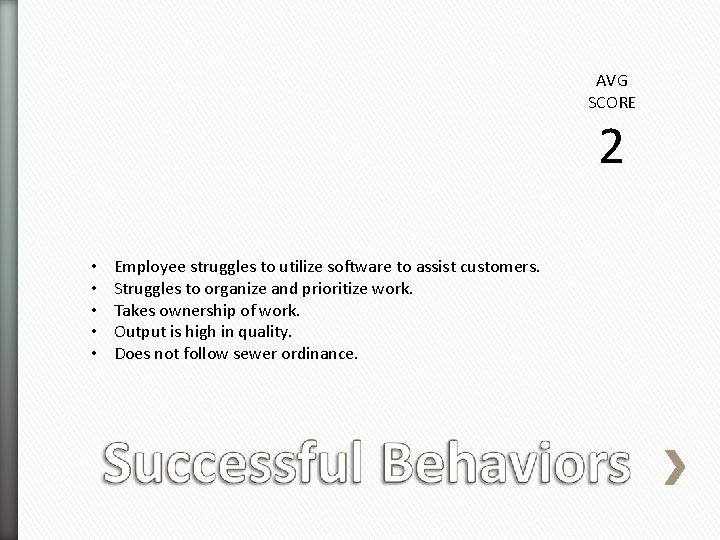 AVG SCORE 2 • • • Employee struggles to utilize software to assist customers.