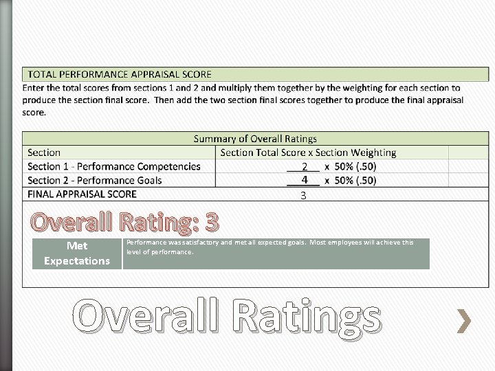 2 4 3 Overall Rating: 3 Met Expectations Performance was satisfactory and met all