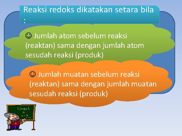 Reaksi redoks dikatakan setara bila : J Jumlah atom sebelum reaksi (reaktan) sama dengan