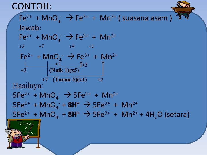 CONTOH: Fe 2+ + Mn. O 4 - Fe 3+ + Mn 2+ (