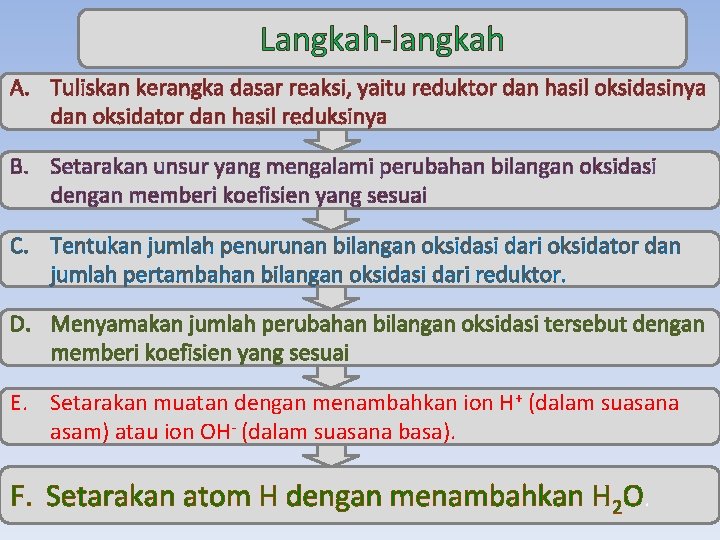 Langkah-langkah A. Tuliskan kerangka dasar reaksi, yaitu reduktor dan hasil oksidasinya dan oksidator dan