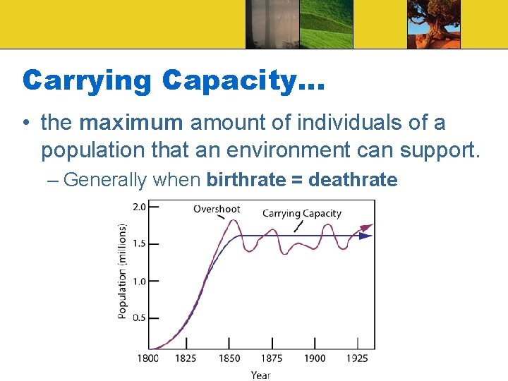 Carrying Capacity… • the maximum amount of individuals of a population that an environment