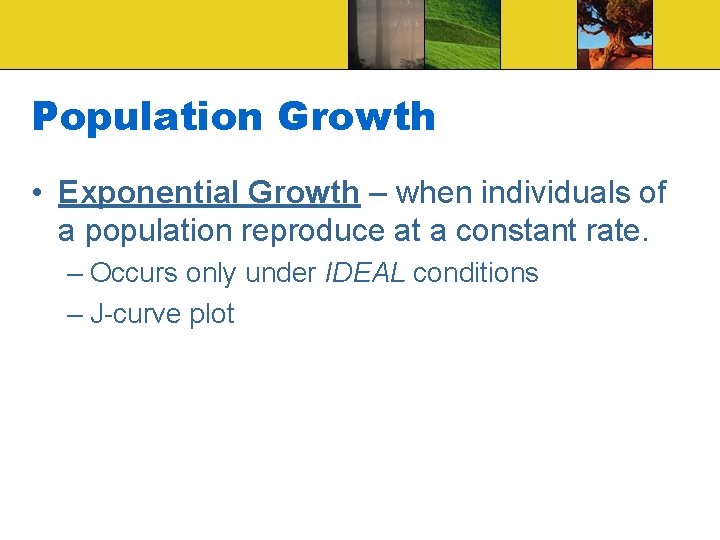 Population Growth • Exponential Growth – when individuals of a population reproduce at a
