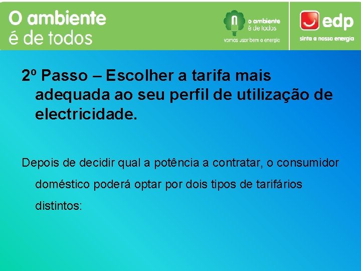 2º Passo – Escolher a tarifa mais adequada ao seu perfil de utilização de