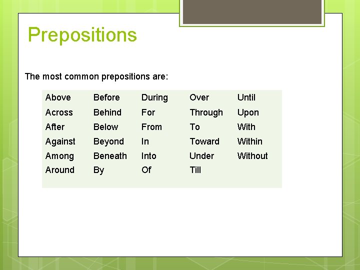 Prepositions The most common prepositions are: Above Before During Over Until Across Behind For