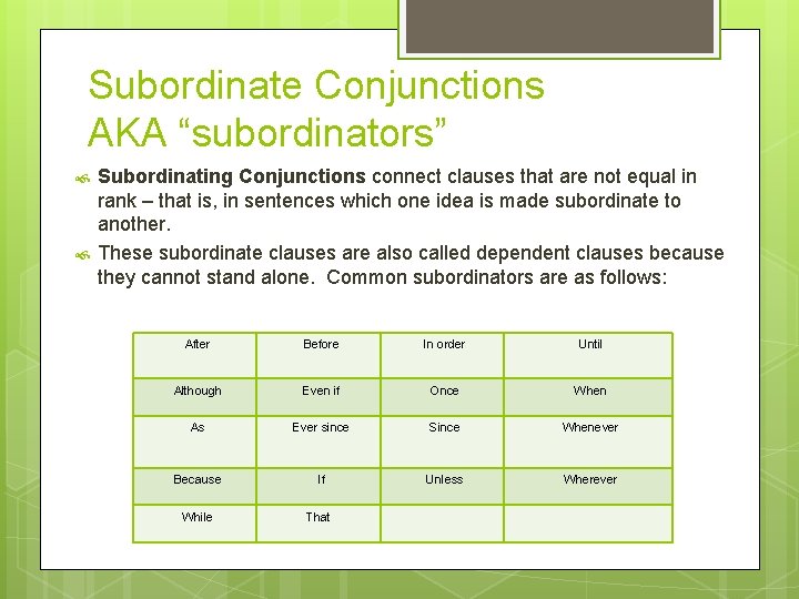 Subordinate Conjunctions AKA “subordinators” Subordinating Conjunctions connect clauses that are not equal in rank