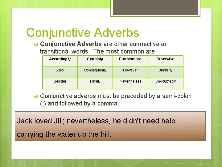 Conjunctive Adverbs are other connective or transitional words. The most common are: Accordingly Certainly