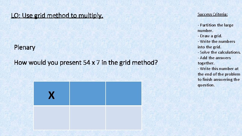 Success Criteria: - Partition the large number. - Draw a grid. - Write the