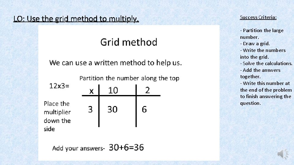 Success Criteria: - Partition the large number. - Draw a grid. - Write the