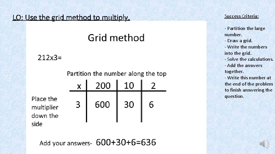 Success Criteria: - Partition the large number. - Draw a grid. - Write the