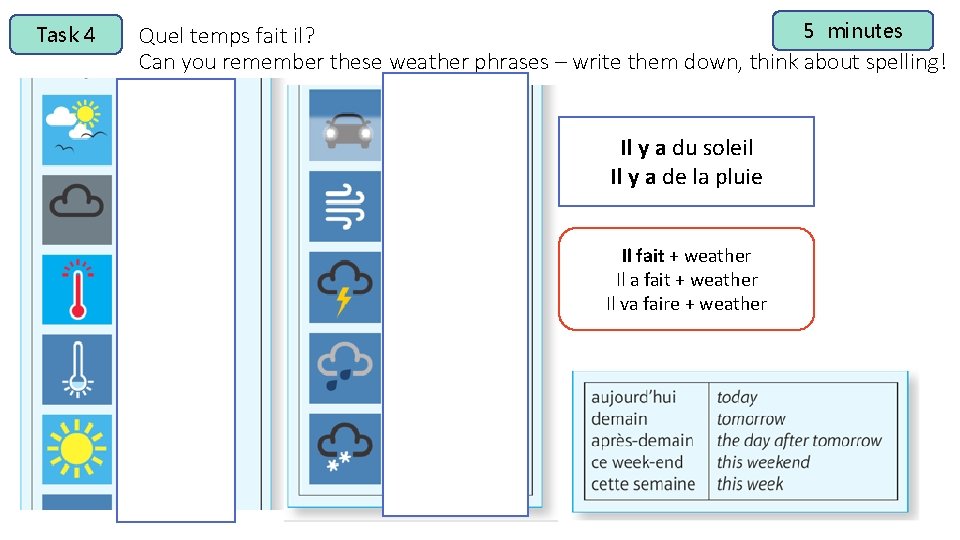 Task 4 5 minutes Quel temps fait il? Can you remember these weather phrases