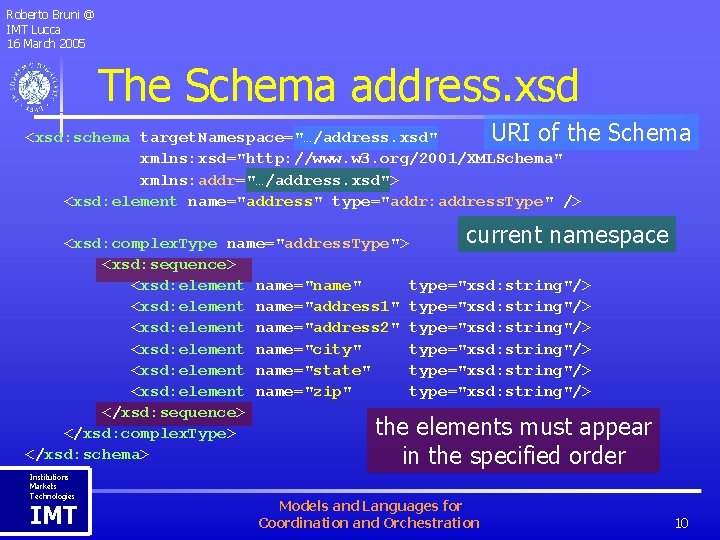 Roberto Bruni @ IMT Lucca 16 March 2005 The Schema address. xsd URI of