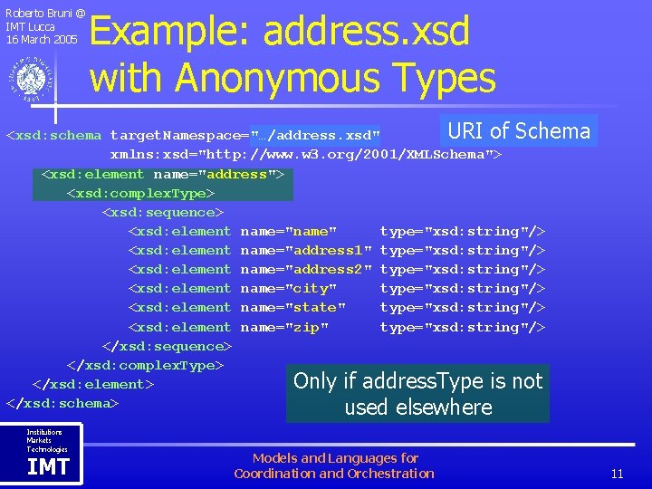 Roberto Bruni @ IMT Lucca 16 March 2005 Example: address. xsd with Anonymous Types