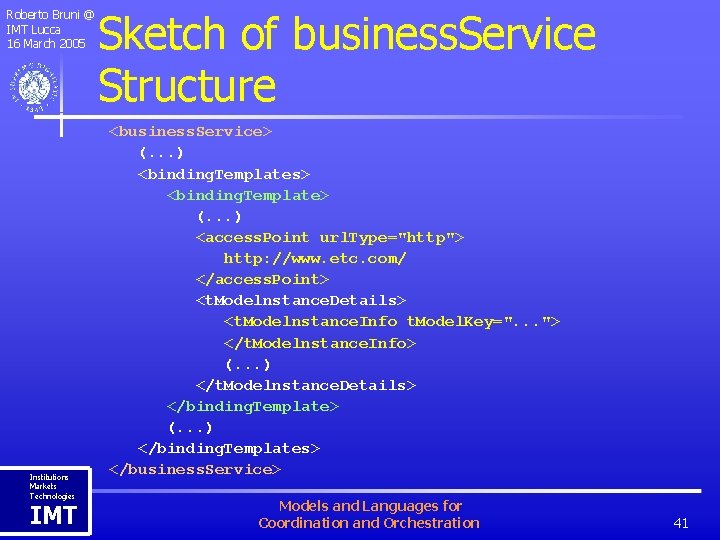 Roberto Bruni @ IMT Lucca 16 March 2005 Institutions Markets Technologies IMT Sketch of