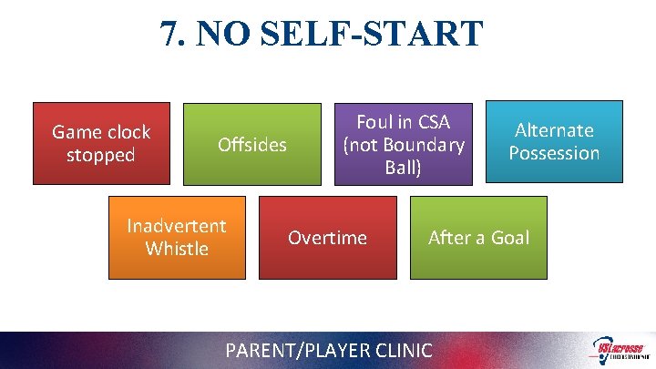 7. NO SELF-START Game clock stopped Offsides Inadvertent Whistle Foul in CSA (not Boundary