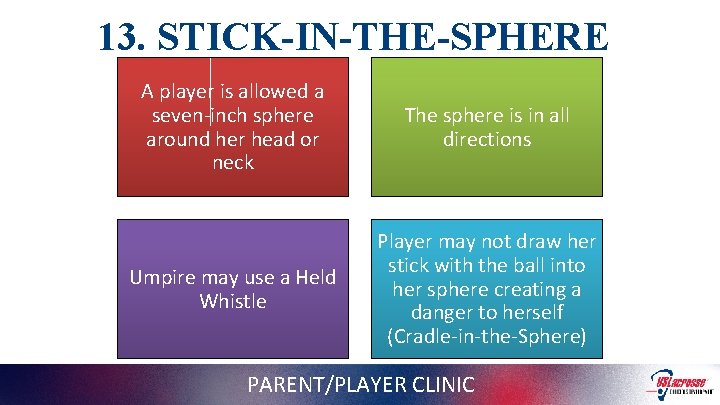 13. STICK-IN-THE-SPHERE A player is allowed a seven-inch sphere around her head or neck