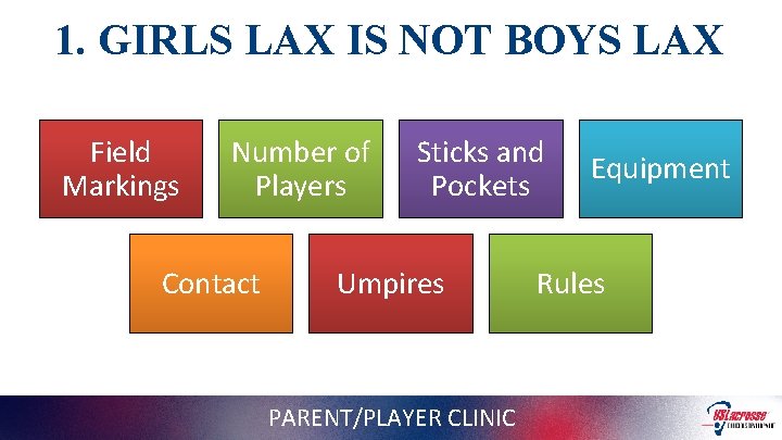 1. GIRLS LAX IS NOT BOYS LAX Field Markings Number of Players Contact Sticks