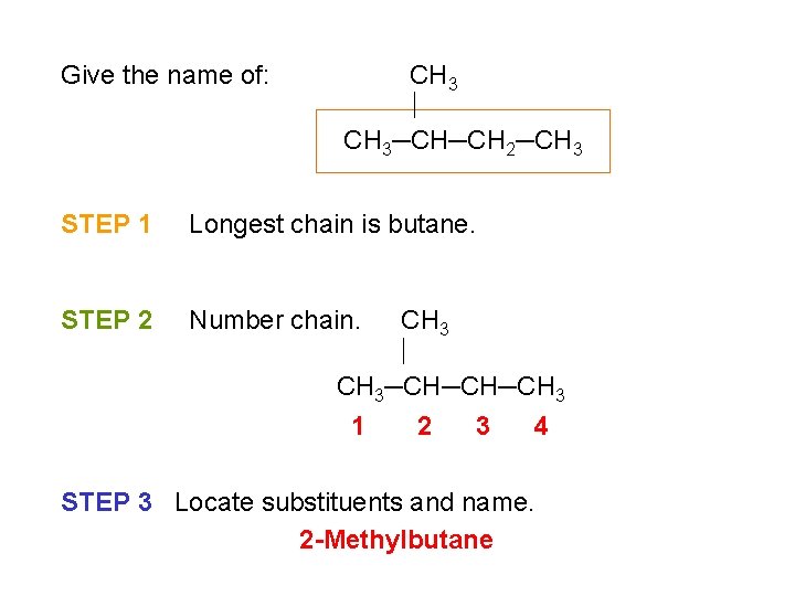Give the name of: CH 3─CH─CH 2─CH 3 STEP 1 Longest chain is butane.