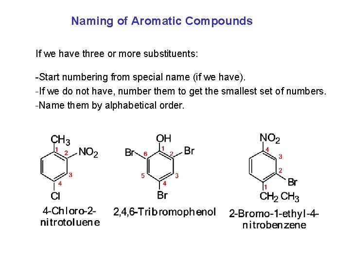 Naming of Aromatic Compounds If we have three or more substituents: -Start numbering from
