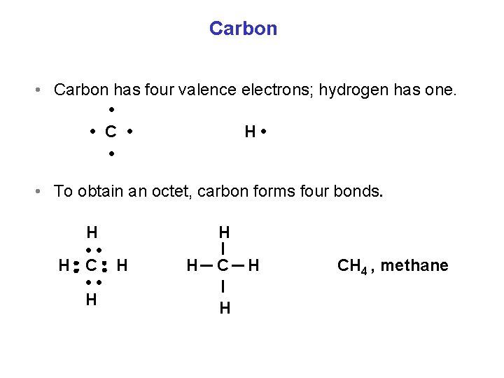 Carbon • Carbon has four valence electrons; hydrogen has one. • • C •