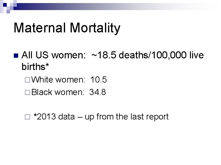 Maternal Mortality n All US women: ~18. 5 deaths/100, 000 live births* ¨ White