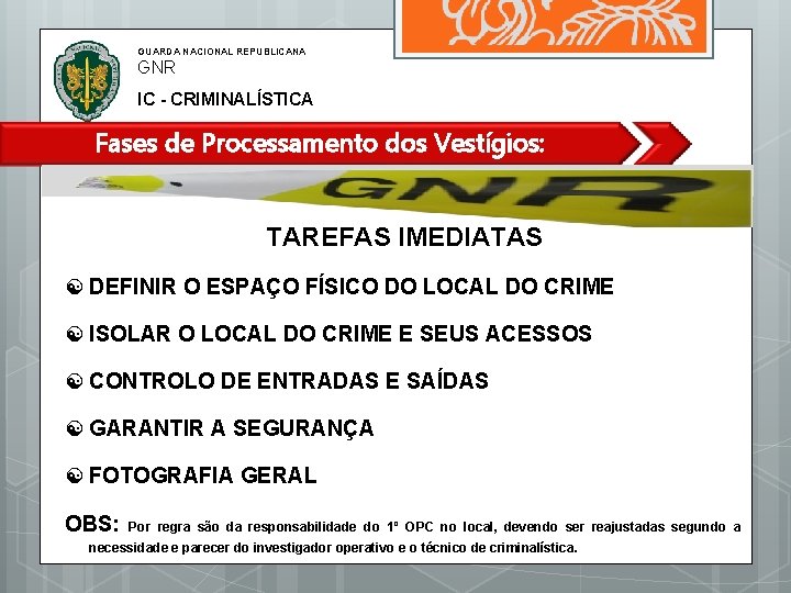 GUARDA NACIONAL REPUBLICANA GNR IC - CRIMINALÍSTICA Fases de Processamento dos Vestígios: TAREFAS IMEDIATAS