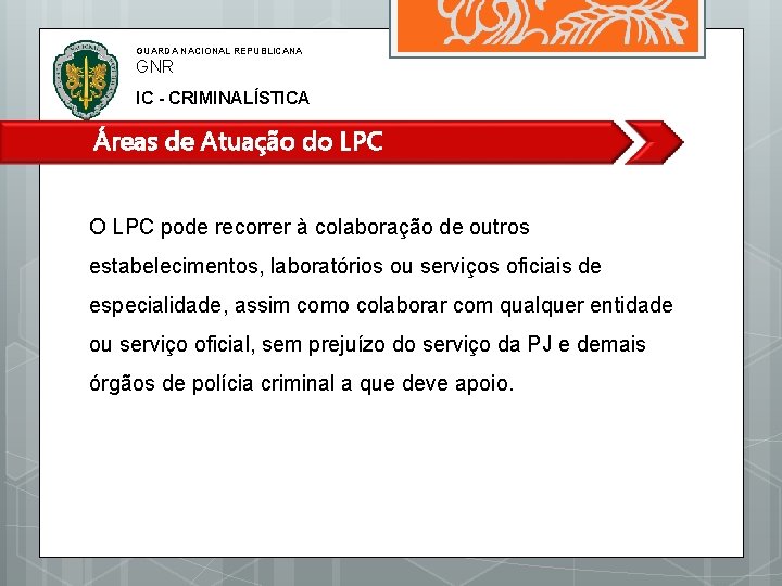 GUARDA NACIONAL REPUBLICANA GNR IC - CRIMINALÍSTICA Áreas de Atuação do LPC O LPC