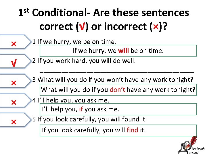 1 st Conditional- Are these sentences correct (√) or incorrect (×)? × √ ×