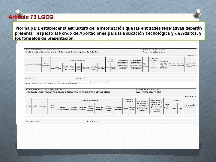 Artículo 73 LGCG Norma para establecer la estructura de la información que las entidades