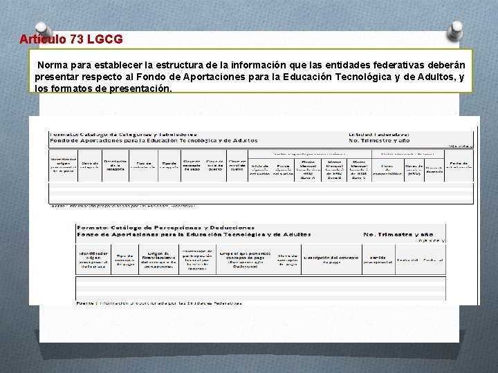 Artículo 73 LGCG Norma para establecer la estructura de la información que las entidades