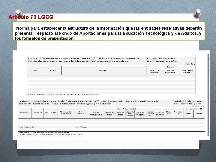 Artículo 73 LGCG Norma para establecer la estructura de la información que las entidades