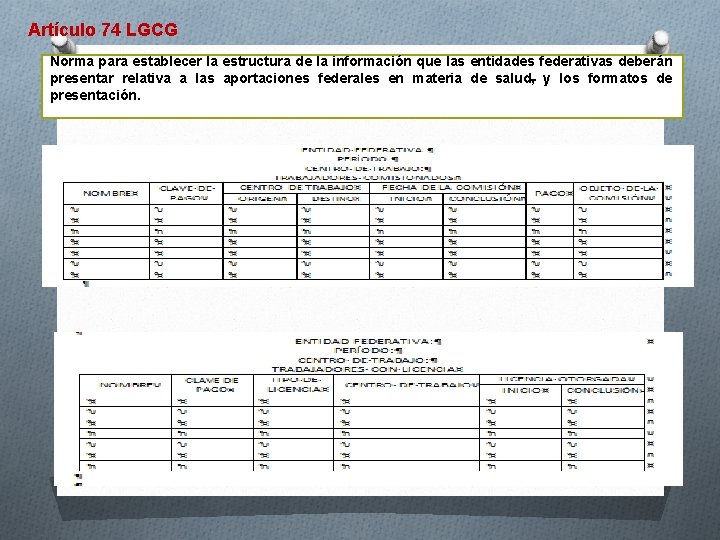 Artículo 74 LGCG Norma para establecer la estructura de la información que las entidades