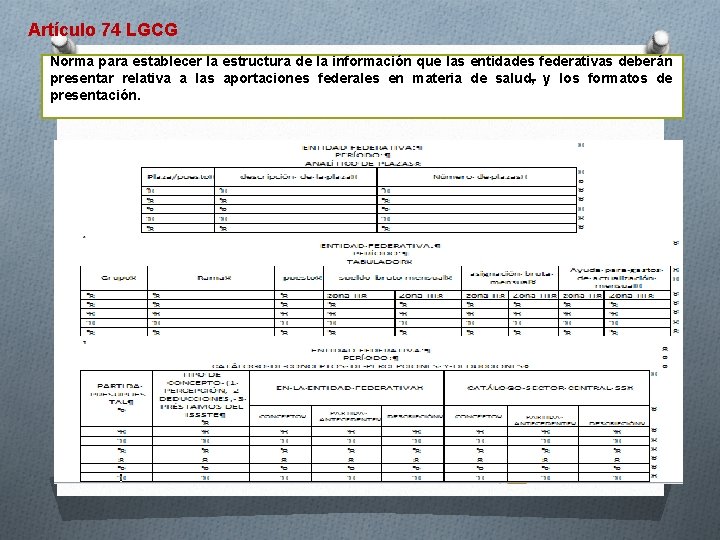 Artículo 74 LGCG Norma para establecer la estructura de la información que las entidades