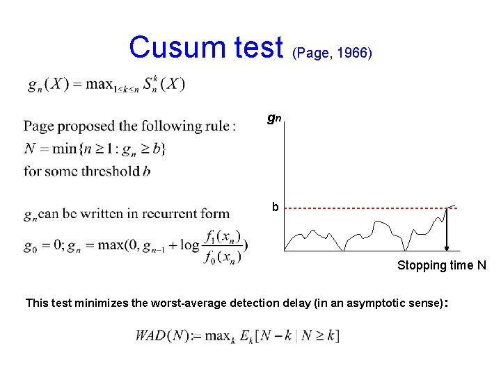 Cusum test (Page, 1966) gn b Stopping time N This test minimizes the worst-average