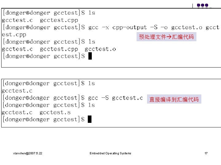预处理文件 汇编代码 直接编译到汇编代码 xlanchen@2007. 5. 22 Embedded Operating Systems 17 