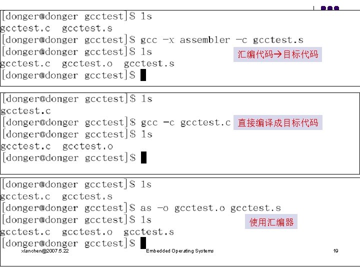 汇编代码 目标代码 直接编译成目标代码 使用汇编器 xlanchen@2007. 5. 22 Embedded Operating Systems 19 