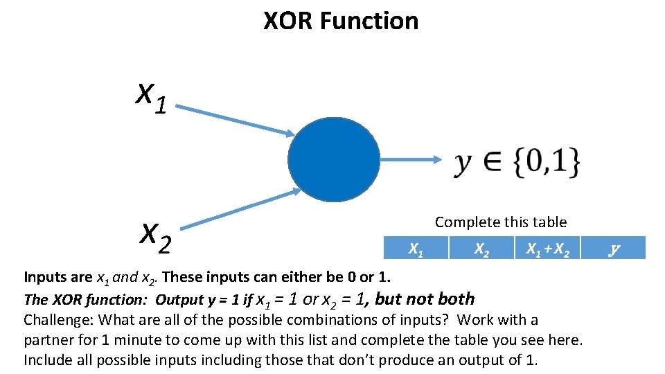 XOR Function x 1 x 2 Complete this table X 1 X 2 X