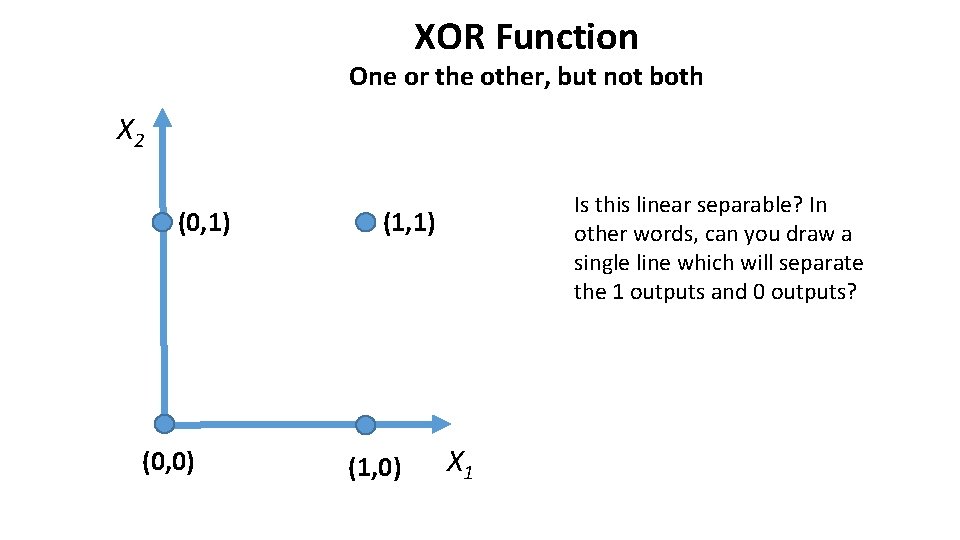 XOR Function One or the other, but not both X 2 (0, 1) (0,