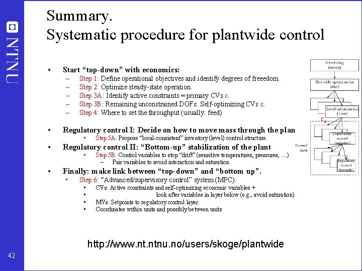 Summary. Systematic procedure for plantwide control • Start “top-down” with economics: – – –