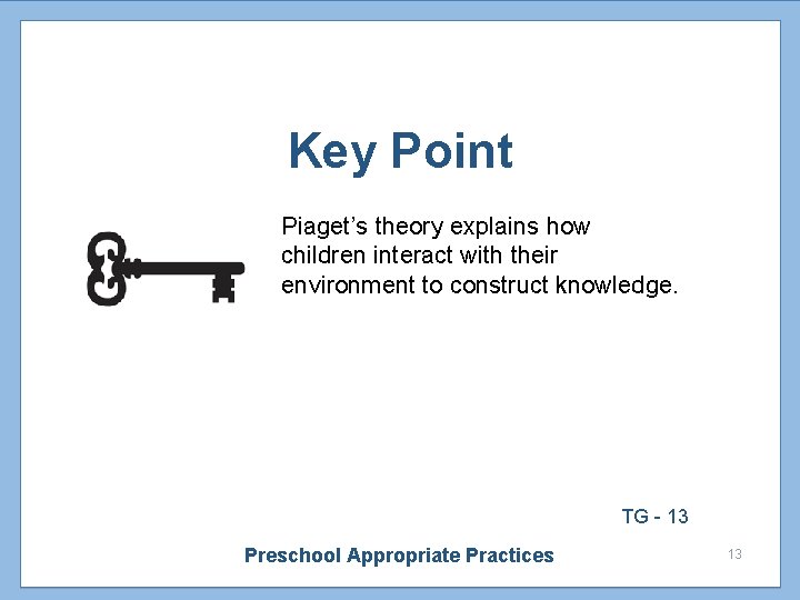 Key Point Piaget’s theory explains how children interact with their environment to construct knowledge.