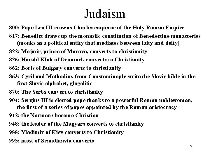Judaism 800: Pope Leo III crowns Charles emperor of the Holy Roman Empire 817: