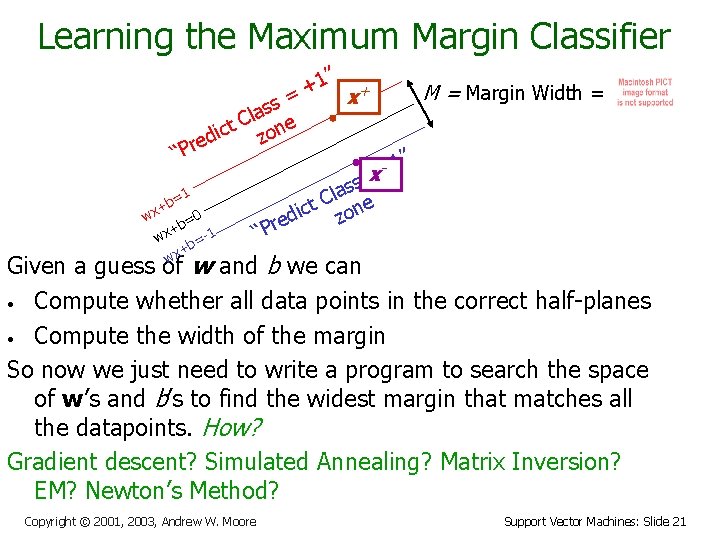 Learning the Maximum Margin Classifier 1” + + M = Margin Width = =