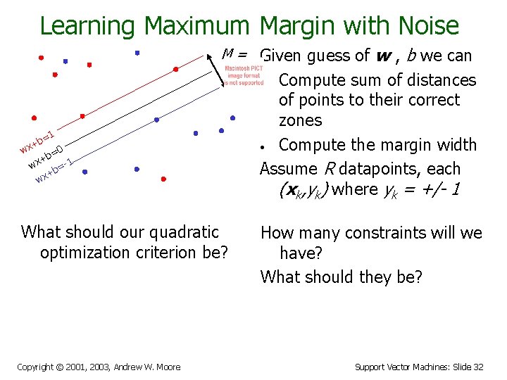 Learning Maximum Margin with Noise M = Given guess of w , b we