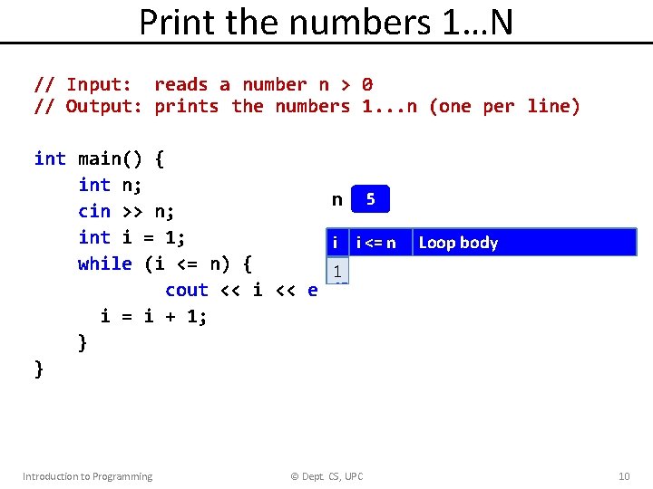 Print the numbers 1…N // Input: reads a number n > 0 // Output: