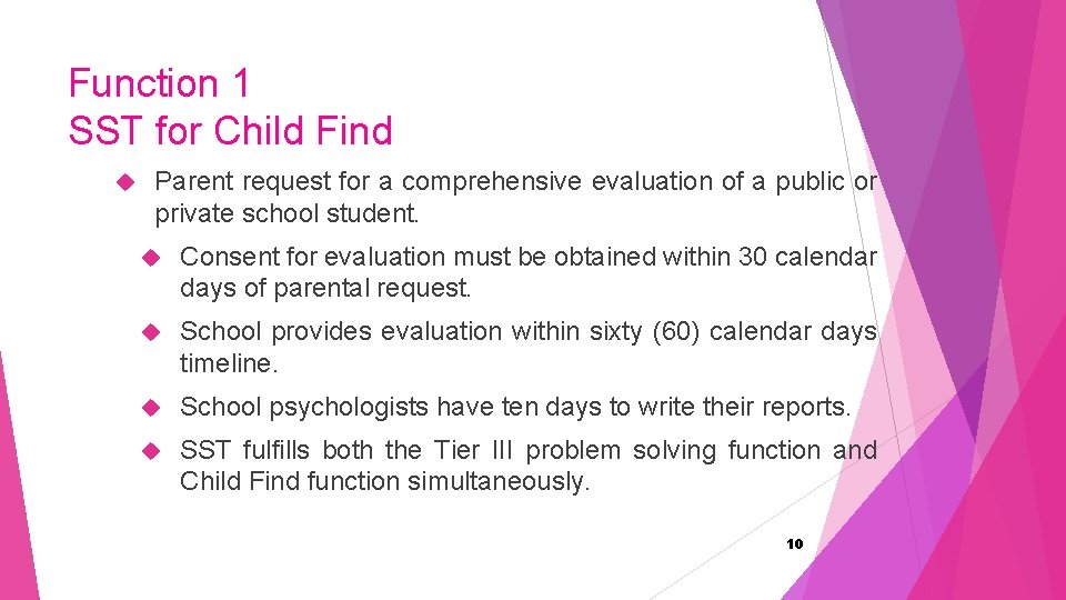 Function 1 SST for Child Find Parent request for a comprehensive evaluation of a