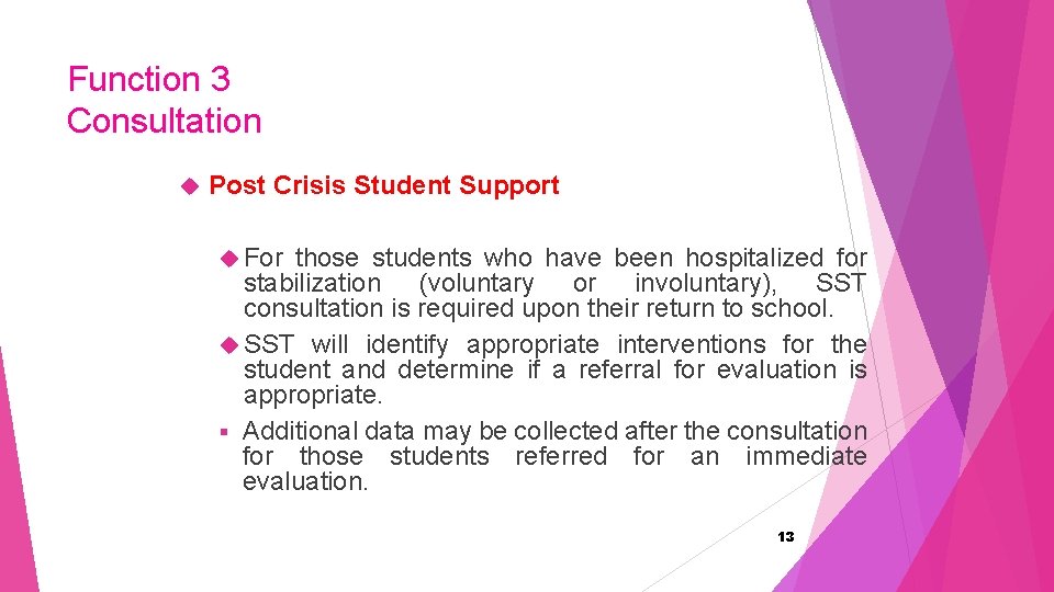 Function 3 Consultation Post Crisis Student Support For those students who have been hospitalized